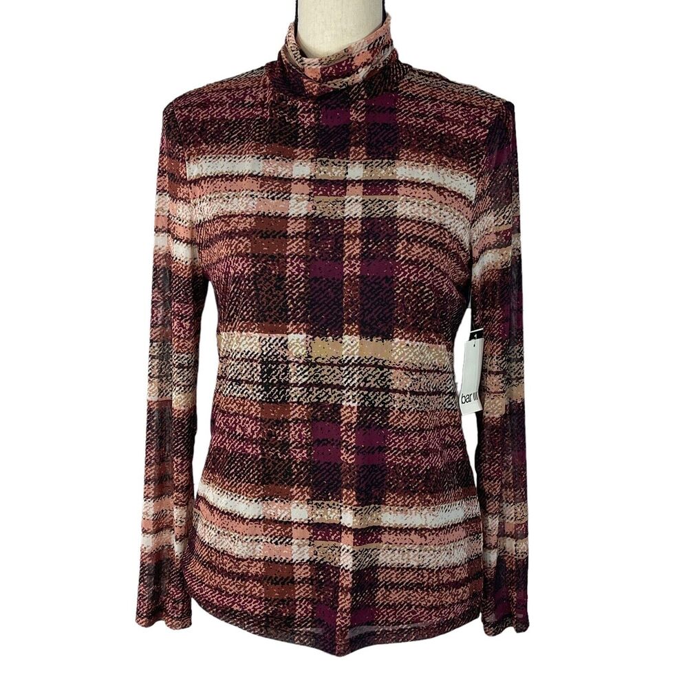 Bar III X-Small Top Plaid Long Sleeve Turtleneck Stretch Lined Lightweight Multi